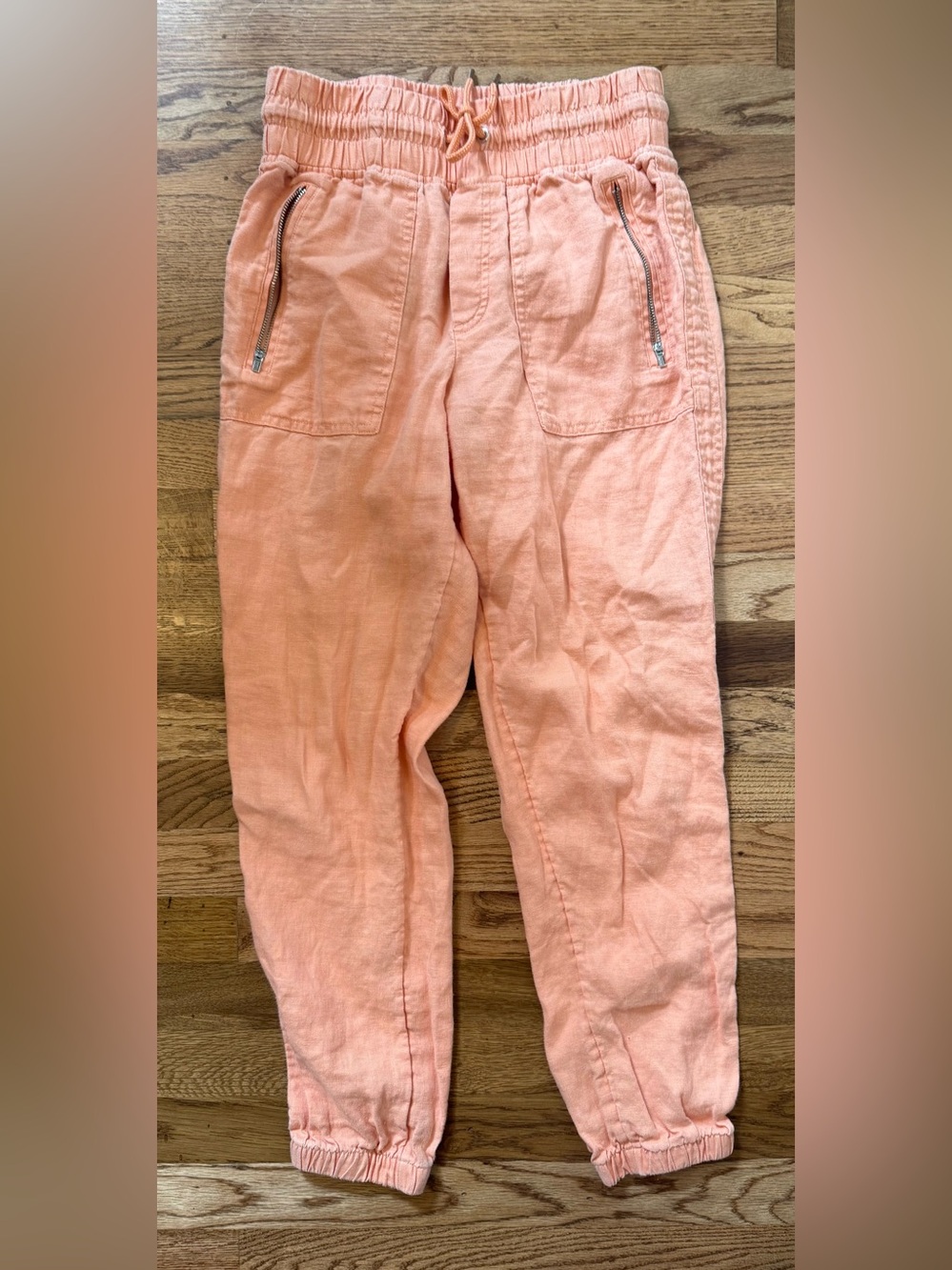 Athleta Cabo Linen Peach Jogger Pants with Zipper Pockets 100% Cotton, 4